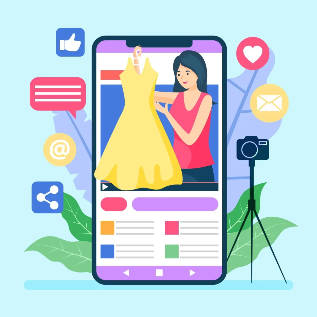 cartoon of a girl showing dress online - influencer marketing