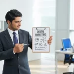 man in suit standing at office explaining digital marketing